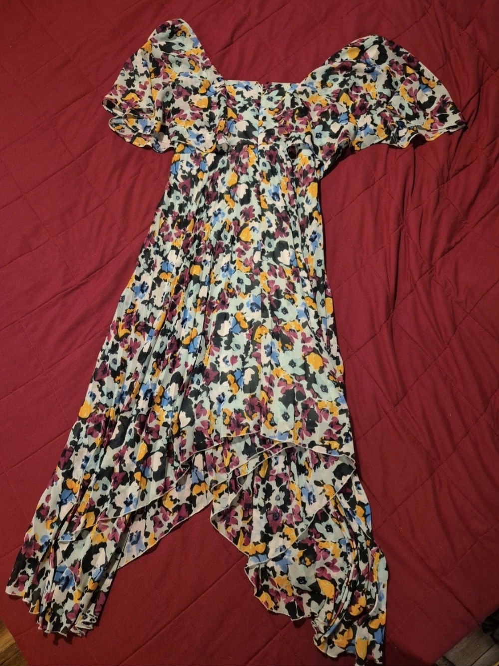 Kensie Multicolor Floral High-Low Dress with Flutter Sleeves